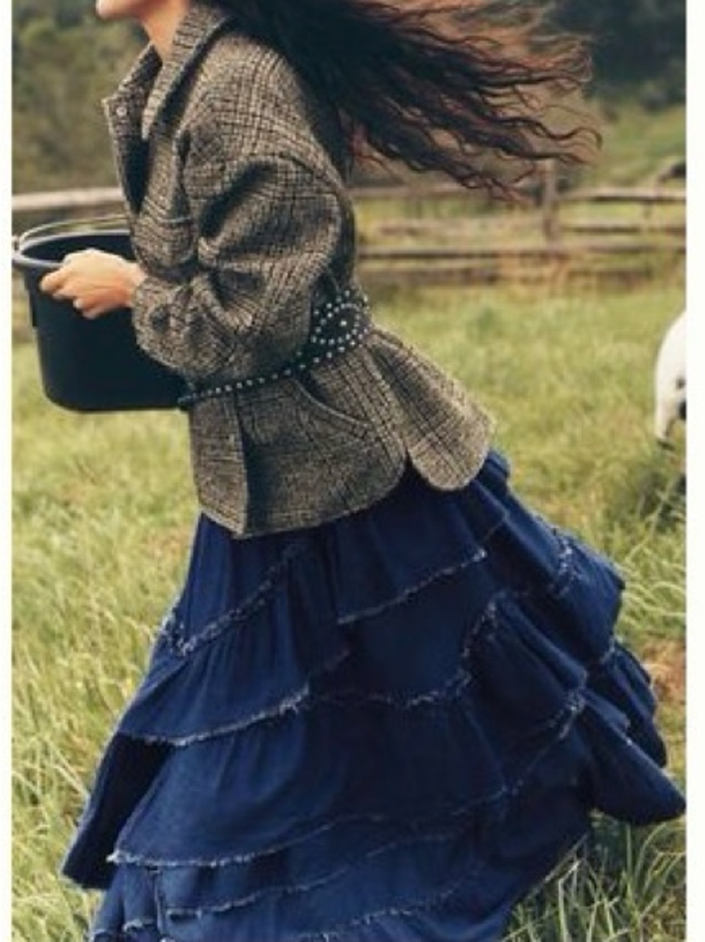 Boho Tiered Navy Maxi Skirt with Frayed Ruffle Trim